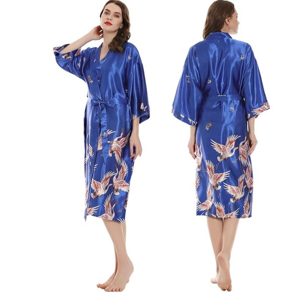 NWOT Lightweight Satin Kimono Long Bathrobe Robe  w Cranes L Blue - Picture 1 of 9